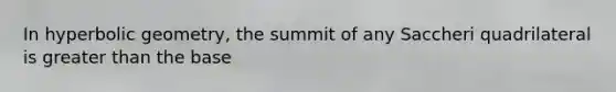 In hyperbolic geometry, the summit of any Saccheri quadrilateral is greater than the base