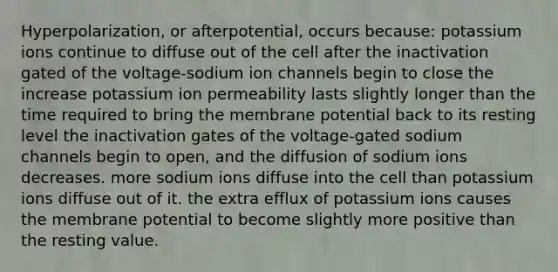 Hyperpolarization, or afterpotential, occurs because: potassium ions continue to diffuse out of the cell after the inactivation gated of the voltage-sodium ion channels begin to close the increase potassium ion permeability lasts slightly longer than the time required to bring the membrane potential back to its resting level the inactivation gates of the voltage-gated sodium channels begin to open, and the diffusion of sodium ions decreases. more sodium ions diffuse into the cell than potassium ions diffuse out of it. the extra efflux of potassium ions causes the membrane potential to become slightly more positive than the resting value.