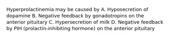 Hyperprolactinemia may be caused by A. Hyposecretion of dopamine B. Negative feedback by gonadotropins on the anterior pituitary C. Hypersecretion of milk D. Negative feedback by PIH (prolactin-inhibiting hormone) on the anterior pituitary