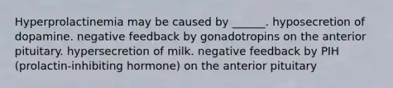 Hyperprolactinemia may be caused by ______. hyposecretion of dopamine. negative feedback by gonadotropins on the anterior pituitary. hypersecretion of milk. negative feedback by PIH (prolactin-inhibiting hormone) on the anterior pituitary