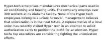 Hyper-tech enterprises manufactures mechanical parts used in air conditioning and heating units. The company employs over 300 workers at its Alabama facility. None of the Hyper tech employees belong to a union; however, management believes that unionization is in the near future. A representative of a local union has recently visited Hyper tech in an attempt to solicit authorization cards to petition the NLRB for an election. Hyper techs top executives are considering fighting the unionization efforts.