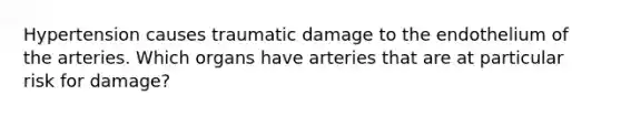 Hypertension causes traumatic damage to the endothelium of the arteries. Which organs have arteries that are at particular risk for damage?