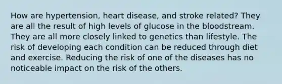 How are hypertension, heart disease, and stroke related? They are all the result of high levels of glucose in the bloodstream. They are all more closely linked to genetics than lifestyle. The risk of developing each condition can be reduced through diet and exercise. Reducing the risk of one of the diseases has no noticeable impact on the risk of the others.