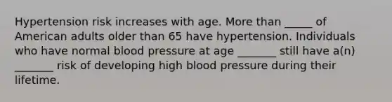 Hypertension risk increases with age. More than _____ of American adults older than 65 have hypertension. Individuals who have normal blood pressure at age _______ still have a(n) _______ risk of developing high blood pressure during their lifetime.