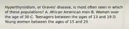 Hyperthyroidism, or Graves' disease, is most often seen in which of these populations? A. African American men B. Women over the age of 30 C. Teenagers between the ages of 13 and 19 D. Young women between the ages of 15 and 25