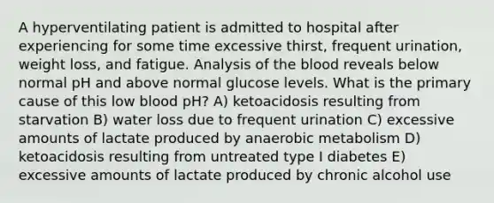 A hyperventilating patient is admitted to hospital after experiencing for some time excessive thirst, frequent urination, weight loss, and fatigue. Analysis of <a href='https://www.questionai.com/knowledge/k7oXMfj7lk-the-blood' class='anchor-knowledge'>the blood</a> reveals below normal pH and above normal glucose levels. What is the primary cause of this low blood pH? A) ketoacidosis resulting from starvation B) water loss due to frequent urination C) excessive amounts of lactate produced by anaerobic metabolism D) ketoacidosis resulting from untreated type I diabetes E) excessive amounts of lactate produced by chronic alcohol use