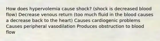 How does hypervolemia cause shock? (shock is decreased blood flow) Decrease venous return (too much fluid in the blood causes a decrease back to the heart) Causes cardiogenic problems Causes peripheral vasodilation Produces obstruction to blood flow