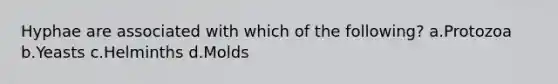 Hyphae are associated with which of the following? a.Protozoa b.Yeasts c.Helminths d.Molds