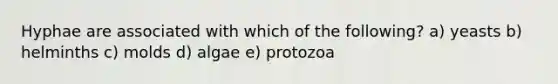 Hyphae are associated with which of the following? a) yeasts b) helminths c) molds d) algae e) protozoa