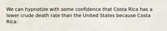 We can hypnotize with some confidence that Costa Rica has a lower crude death rate than the United States because Costa Rica: