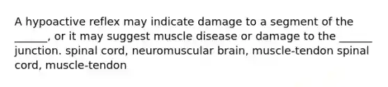 A hypoactive reflex may indicate damage to a segment of the ______, or it may suggest muscle disease or damage to the ______ junction. spinal cord, neuromuscular brain, muscle-tendon spinal cord, muscle-tendon