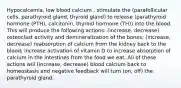 Hypocalcemia, low blood calcium , stimulate the (parafollicular cells, parathyroid gland, thyroid gland) to release (parathyroid hormone (PTH), calcitonin, thyroid hormone (TH)) into the blood. This will produce the following actions: (increase, decrease) osteoclast activity and demineralization of the bones; (increase, decrease) reabsorption of calcium from the kidney back to the blood; increase activation of vitamin D to increase absorption of calcium in the intestines from the food we eat. All of these actions will (increase, decrease) blood calcium back to homeostasis and negative feedback will turn (on, off) the parathyroid gland.