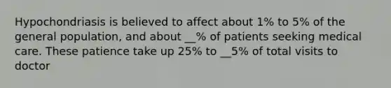 Hypochondriasis is believed to affect about 1% to 5% of the general population, and about __% of patients seeking medical care. These patience take up 25% to __5% of total visits to doctor