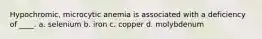 Hypochromic, microcytic anemia is associated with a deficiency of ____. a. selenium b. iron c. copper d. molybdenum