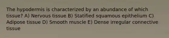 The hypodermis is characterized by an abundance of which tissue? A) Nervous tissue B) Statified squamous epithelium C) Adipose tissue D) Smooth muscle E) Dense irregular connective tissue