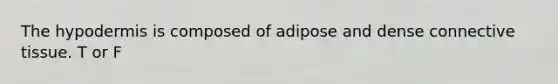 <a href='https://www.questionai.com/knowledge/ktsCAWWU5U-the-hypodermis' class='anchor-knowledge'>the hypodermis</a> is composed of adipose and dense <a href='https://www.questionai.com/knowledge/kYDr0DHyc8-connective-tissue' class='anchor-knowledge'>connective tissue</a>. T or F