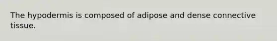 <a href='https://www.questionai.com/knowledge/ktsCAWWU5U-the-hypodermis' class='anchor-knowledge'>the hypodermis</a> is composed of adipose and dense <a href='https://www.questionai.com/knowledge/kYDr0DHyc8-connective-tissue' class='anchor-knowledge'>connective tissue</a>.