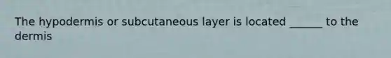 The hypodermis or subcutaneous layer is located ______ to the dermis