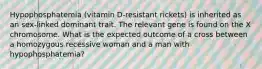 Hypophosphatemia (vitamin D-resistant rickets) is inherited as an sex-linked dominant trait. The relevant gene is found on the X chromosome. What is the expected outcome of a cross between a homozygous recessive woman and a man with hypophosphatemia?