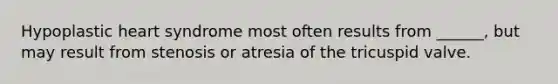 Hypoplastic heart syndrome most often results from ______, but may result from stenosis or atresia of the tricuspid valve.