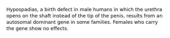 Hypospadias, a birth defect in male humans in which the urethra opens on the shaft instead of the tip of the penis, results from an autosomal dominant gene in some families. Females who carry the gene show no effects.