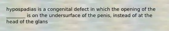 hypospadias is a congenital defect in which the opening of the ________ is on the undersurface of the penis, instead of at the head of the glans