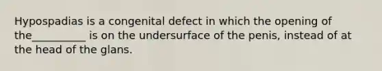 Hypospadias is a congenital defect in which the opening of the__________ is on the undersurface of the penis, instead of at the head of the glans.