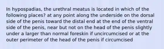 In hypospadias, the urethral meatus is located in which of the following places? at any point along the underside on the dorsal side of the penis toward the distal end at the end of the ventral side of the penis, near but not on the head of the penis slightly under a larger than normal foreskin if uncircumcised or at the outer perimeter of the head of the penis if circumcised