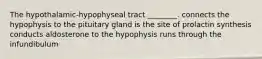 The hypothalamic-hypophyseal tract ________. connects the hypophysis to the pituitary gland is the site of prolactin synthesis conducts aldosterone to the hypophysis runs through the infundibulum