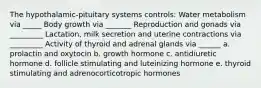 The hypothalamic-pituitary systems controls: Water metabolism via _____ Body growth via _______ Reproduction and gonads via _________ Lactation, milk secretion and uterine contractions via _________ Activity of thyroid and adrenal glands via ______ a. prolactin and oxytocin b. growth hormone c. antidiuretic hormone d. follicle stimulating and luteinizing hormone e. thyroid stimulating and adrenocorticotropic hormones