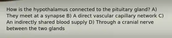 How is the hypothalamus connected to the pituitary gland? A) They meet at a synapse B) A direct vascular capillary network C) An indirectly shared blood supply D) Through a cranial nerve between the two glands