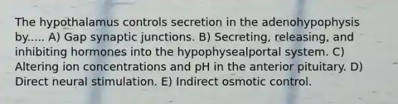 The hypothalamus controls secretion in the adenohypophysis by..... A) Gap synaptic junctions. B) Secreting, releasing, and inhibiting hormones into the hypophysealportal system. C) Altering ion concentrations and pH in the anterior pituitary. D) Direct neural stimulation. E) Indirect osmotic control.