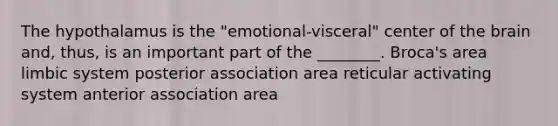 The hypothalamus is the "emotional-visceral" center of the brain and, thus, is an important part of the ________. Broca's area limbic system posterior association area reticular activating system anterior association area