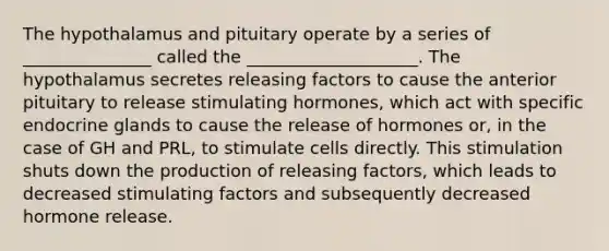 The hypothalamus and pituitary operate by a series of _______________ called the ____________________. The hypothalamus secretes releasing factors to cause the anterior pituitary to release stimulating hormones, which act with specific endocrine glands to cause the release of hormones or, in the case of GH and PRL, to stimulate cells directly. This stimulation shuts down the production of releasing factors, which leads to decreased stimulating factors and subsequently decreased hormone release.