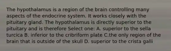 The hypothalamus is a region of the brain controlling many aspects of the endocrine system. It works closely with the pituitary gland. The hypothalamus is directly superior to the pituitary and is therefore Select one: A. superior to the sella turcica B. inferior to the cribriform plate C.the only region of the brain that is outside of the skull D. superior to the crista galli