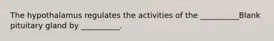 The hypothalamus regulates the activities of the __________Blank pituitary gland by __________.