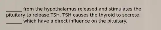 _______ from the hypothalamus released and stimulates the pituitary to release TSH. TSH causes the thyroid to secrete _______ which have a direct influence on the pituitary.