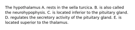 The hypothalamus A. rests in the sella turcica. B. is also called the neurohypophysis. C. is located inferior to the pituitary gland. D. regulates the secretory activity of the pituitary gland. E. is located superior to the thalamus.