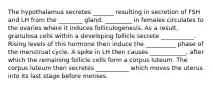 The hypothalamus secretes _______ resulting in secretion of FSH and LH from the ________ gland. _________ in females circulates to the ovaries where it induces folliculogenesis. As a result, granulosa cells within a developing follicle secrete ___________. Rising levels of this hormone then induce the __________ phase of the menstrual cycle. A spike in LH then causes ____________, after which the remaining follicle cells form a corpus luteum. The corpus luteum then secretes ___________ which moves the uterus into its last stage before menses.