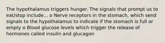 The hypothalamus triggers hunger. The signals that prompt us to eat/stop include... o Nerve receptors in the stomach, which send signals to the hypothalamus to indicate if the stomach is full or empty o Blood glucose levels which trigger the release of hormones called insulin and glucagon