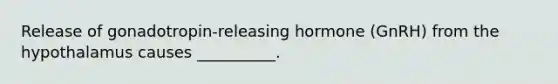Release of gonadotropin-releasing hormone (GnRH) from the hypothalamus causes __________.