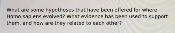 What are some hypotheses that have been offered for where Homo sapiens evolved? What evidence has been used to support them, and how are they related to each other?