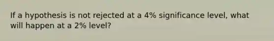 If a hypothesis is not rejected at a 4% significance level, what will happen at a 2% level?