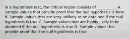 In a hypothesis test, the critical region consists of __________. A. Sample values that provide proof that the null hypothesis is false B. Sample values that are very unlikely to be obtained if the null hypothesis is true C. Sample values that are highly likely to be obtained if the null hypothesis is true D. Sample values that provide proof that the null hypothesis is true