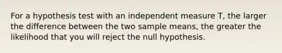 For a hypothesis test with an independent measure T, the larger the difference between the two sample means, the greater the likelihood that you will reject the null hypothesis.