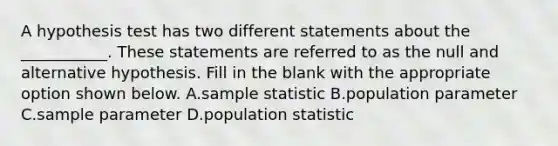 A hypothesis test has two different statements about the ___________. These statements are referred to as the null and alternative hypothesis. Fill in the blank with the appropriate option shown below. A.sample statistic B.population parameter C.sample parameter D.population statistic