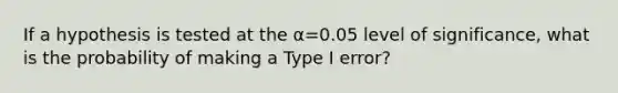 If a hypothesis is tested at the α=0.05 level of significance, what is the probability of making a Type I error?