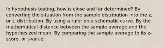 In hypothesis testing, how is close and far determined? By converting the situation from the sample distribution into the z, or t, distribution. By using a ruler on a schematic curve. By the mathematical distance between the sample average and the hypothesized mean. By comparing the sample average to its z-score, or t-value.