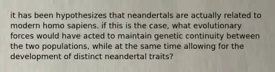 it has been hypothesizes that neandertals are actually related to modern homo sapiens. if this is the case, what evolutionary forces would have acted to maintain genetic continuity between the two populations, while at the same time allowing for the development of distinct neandertal traits?