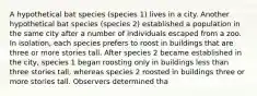 A hypothetical bat species (species 1) lives in a city. Another hypothetical bat species (species 2) established a population in the same city after a number of individuals escaped from a zoo. In isolation, each species prefers to roost in buildings that are three or more stories tall. After species 2 became established in the city, species 1 began roosting only in buildings less than three stories tall, whereas species 2 roosted in buildings three or more stories tall. Observers determined tha